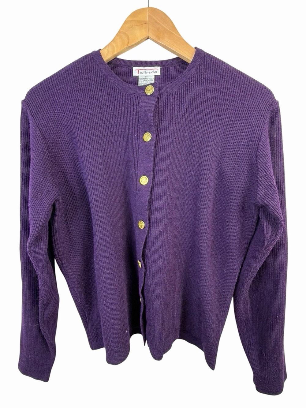 Talbots Merino Wool Cardigan Size M Medium Vintage Purple Gold Buttons